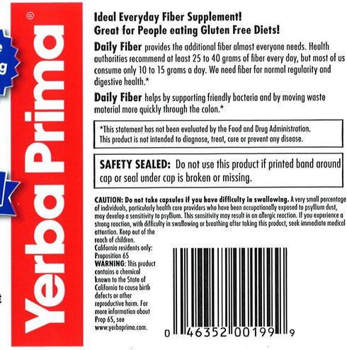 Yerba Prima Daily Fiber Formula - 180 caps (Pack of 2) - Soluble & Insoluble Dietary Fiber Supplement - Colon Cleanse - Gut Health - Vegan, Non-GM...