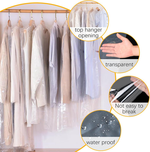 10Pcs (24 x 36 In) Clear Plastic Clothes Covers, Dry Cleaners Bags Hanging Dust-proof Clothing Protector Covers Garment Bags for Home Storage Clot...
