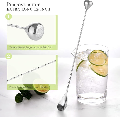 Homestia Bar Spoon Cocktail Mixing Stirrers for Drink, 12 Inches 304 Stainless Steel Spiral Long Handle, Bottom Weighted Solid Muddler Function, S...