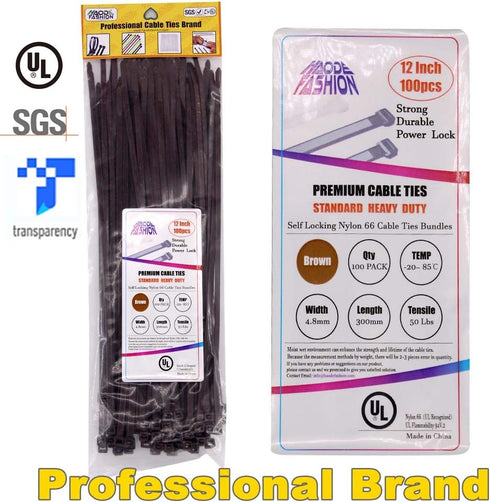 Strong Brown Zip Ties 12 Inch Wood Color Cable Ties Zip Tie, Heavy Duty Gardening Hand Tools Plants Ties 50 LBS Strength, 100 Pieces...