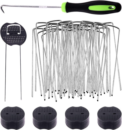 Keadic 201 Pcs 6" Garden Landscape Staples with Gasket and Precision Hook, 11 Gauge Galvanized U-Shaped Sod Pins Yard Fence Ground Stakes for Fixe...