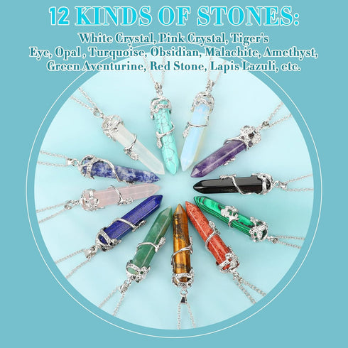 12 Pcs Healing Crystal Necklace Hexagonal Healing Crystal Flower Wrapped Crystal Point Pendant Necklace Healing Pendents Natural Quartz Point Neck...