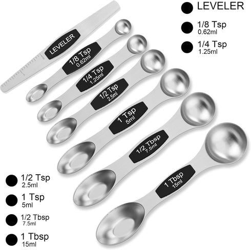 Magnetic Measuring Spoons Set - Wildone Stainless Steel Double Sided Measuring Spoons Set of 7 Black, for Dry & Liquid Ingredients, Including 6 He...