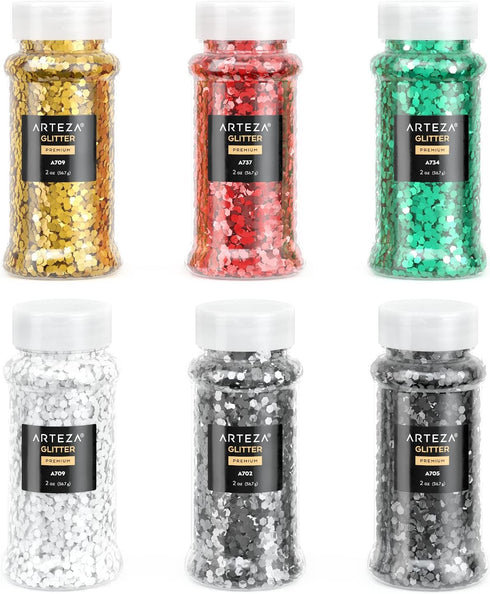 Arteza Chunky Glitter Set, 6 x 2-oz Bottles, Jewel-Toned Glitter for Resin, Glue, Acrylic Paint, Arts and Crafts Supplies for Creating DIY Project...