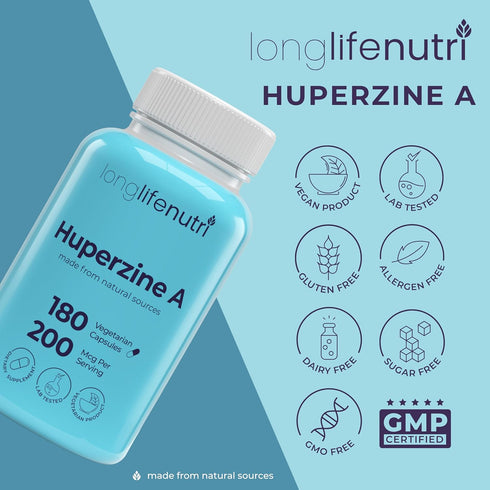 Huperzine A 200mcg - from Huperzia Serrata Leaf, 180 Vegetarian Capsules, Natural Brain Nootropic for Focus, Memory, and Clarity, 6 Month Supply, ...