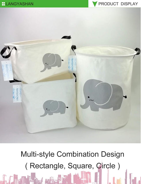 LANGYASHAN Square Storage Baskets Waterproof Canvas Children Laundry Nursery Hamper for Shelves Gift Baskets Toy Organizer Room Decor (Elephant)...