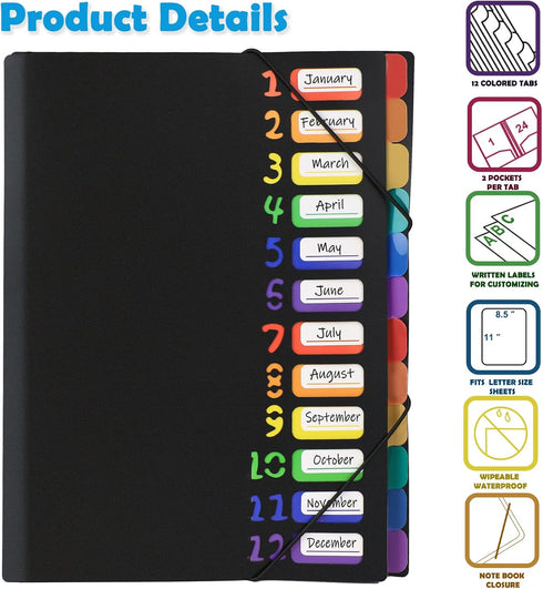 24 Plastic Folders with Pockets, 12 Colors Multi Pocket Folder Binder with Dividers, 12 Tab Folders with Pockets Office Organizer Folder Letter Si...