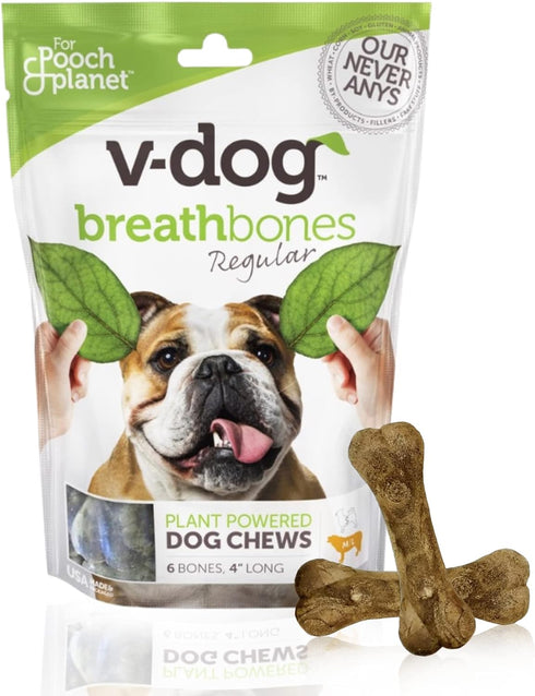 V-dog Dog Treats - Vegan Breathbone Teeth Cleaning Dental Dog Bones - Fresh Breath - 8 Ounces - All Natural - Made in USA - 6 Bones - 4" Long - Ea...
