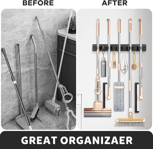 IMILLET Broom Holder Wall Mount, Wood Broom Holder with 5 Racks and 4 Hooks Broom Organizer, Laundry Room Organization and Storage, Mop Hanger for...