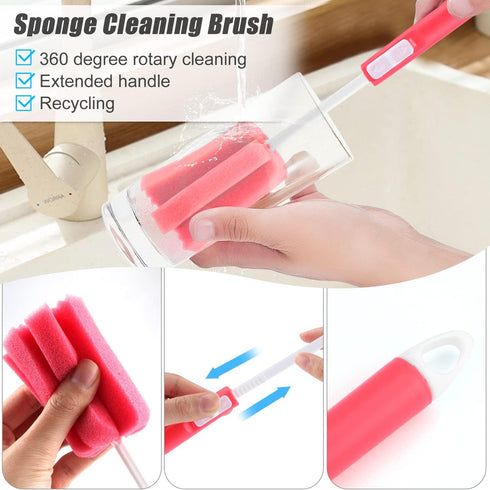 3 Pack Sponge Cleaning Brush Soft Foam Sponges Bottle Scrubber Dishwashing Brushes with Adjustable Long Plastic Handle for Home Kitchen Baby Bottl...