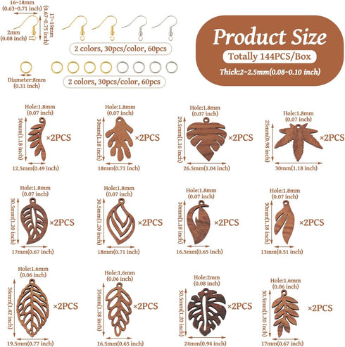Cheriswelry Wood Leaf Earring Natural Wooden Dangle Earrings Making Kit Coconut Brown Wood Leaf Charms Brass Earring Hooks Jump Rings for Women Gi...