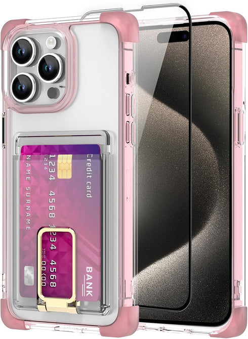 MZELQ for iPhone 15 Pro Max Case, Card Holder Camera Protection Cover + Screen Protector, Push-able Kickstand Case Four Corner Protection Shockpro...