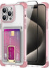MZELQ for iPhone 15 Pro Max Case, Card Holder Camera Protection Cover + Screen Protector, Push-able Kickstand Case Four Corner Protection Shockpro...
