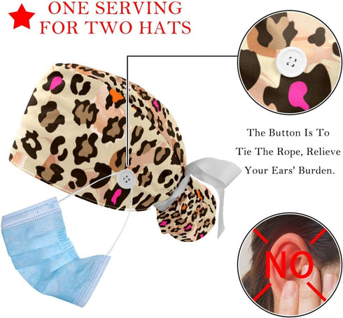 2 Packs Leopard Unisex Scrub Caps Surgical Women with Button Adjustable Hats Surgical Caps for Women...
