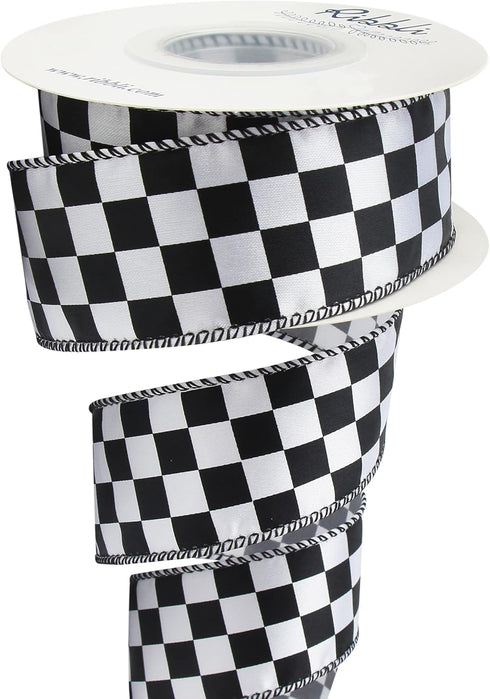 Ribbli Black and White Check Wired Satin Ribbon, 1-1/2 Inch x Continuous 10 Yard, Fall Ribbon for Big Bow, Halloween Ribbon Wreath,Tree Decoration...