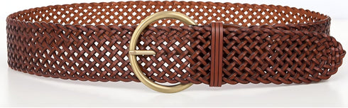 2 Inch Wide Leather Braided Belts for Women 100% Hand Made Soft Woven Waistbands with Round Golden Pin Buckle...
