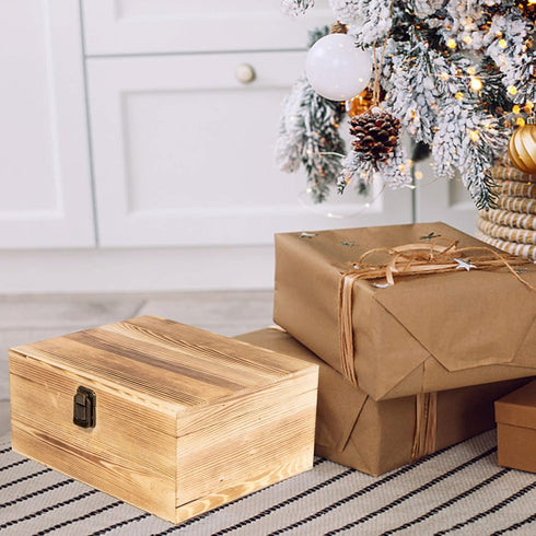 Wooden Storage Box Container with Hinged Lid and Front Clasp, 9.4'' x 7.7'' x 4.3'' Large Keepsake Box, Rustic Wood Boxes for Crafts Art Hobbies a...