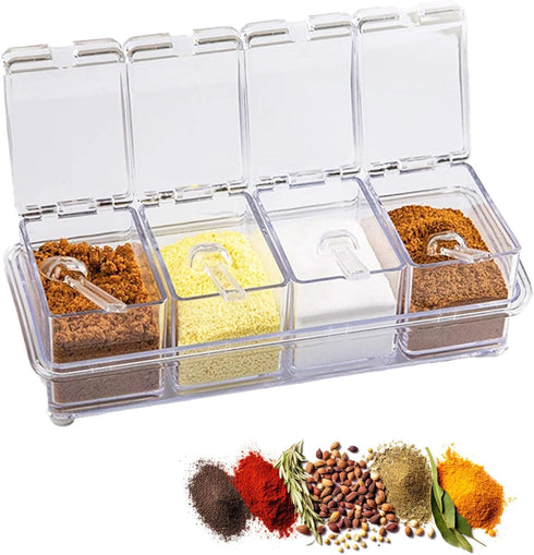 Seasoning Box Set, 4 Piece Clear Acrylic Spice Pots, Jars Condiment Containers with Cover and Spoon Seasoning Rack Storage Container Kitchen Cooki...