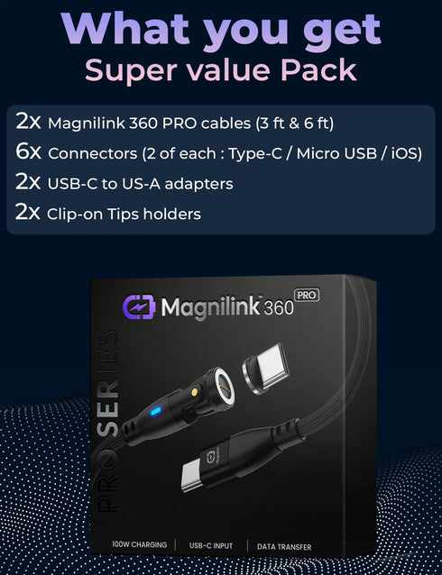 360 PRO 100W USB-C Magnetic Phone Charger (Pack of 2) - 6 in 1 Magnet Charging Cable Fast Charging & Data - Works with i-Products, Type-C and Micr...