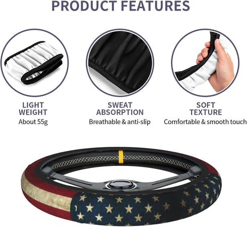 Vintage American Flag Steering Wheel Covers Universal Fit 15 Inches Neoprene Anti-Slip Car Wheel Protector for Women Girls...