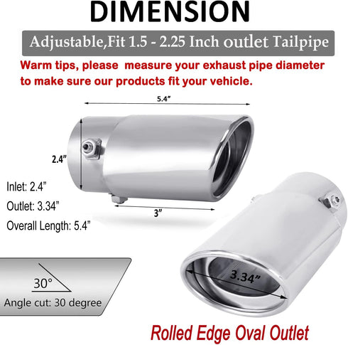 Dsycar Universal Stainless Steel 1.5" - 2.25" Inlet Exhaust Tips, Fit Pipes Diameter 1.5-2.25 inch, Adjustable Car Decoration Chrome-Plated Finish...