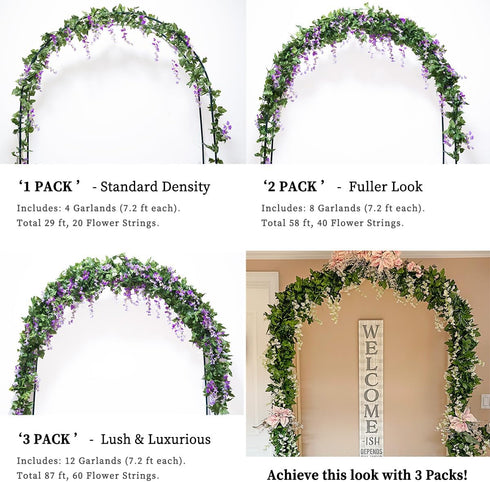 Mavee Artificial Wisteria Vine Garland Hanging Decor - 28.8ft Silk Flowers with Ivy Leaves (4x7.2ft) for Wedding, Home Floral Arrangements - White...