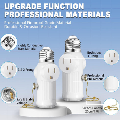 Light Socket to Plug Adapter, (2 Pack) Both Sides 3 Prong Light Bulb Outlet Socket Adapter, Heat-Resistant Materials Light Socket Adapter, Light B...