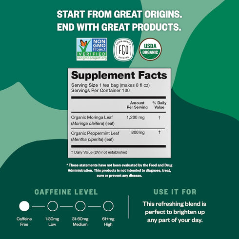 FGO Organic Moringa Mint Tea, 100 Count, Eco-Conscious Herbal Tea Bags, Resealable Bag, Caffeine Free, Packaging May Vary (Pack of 1)...