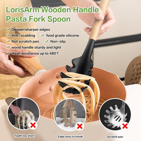 Wooden Handle Pasta Fork Spoon 12" Silicone Spaghetti Fork Food Grade Noodle Spoon, BPA Free, Spaghetti Spoons Strainer & Server Spoonss...