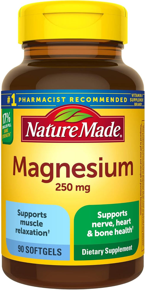 Nature Made Magnesium 250 mg, Magnesium Supplement for Muscle, Heart, Bone and Nerve Support, 90 Softgels, 90 Day Supply...
