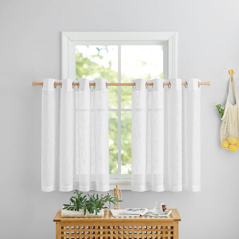 PONY DANCE Kitchen Window Curtains Over Sink - Cafe Curtains 36 inch Length for Half Window Faux Linen Look Kitchen Short Semi Sheer Drapes for Ba...
