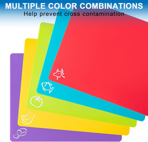 5 Pieces Flexible Plastic Cutting Board Mats with Food Icons, BPA Free Cutting Boards for Kitchen, Non Slip Cutting Mat for Meat and Vegetables (R...