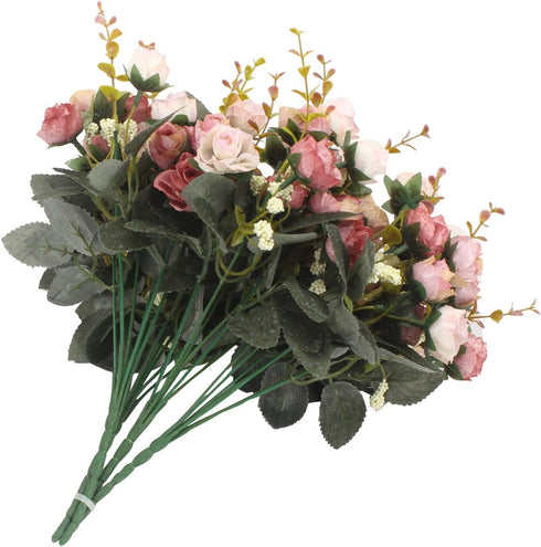 Duovlo 7 Branch 21 Mini Rose Heads Artificial Flowers Bouquet Wedding Home Office Decor,Pack of 4 (Pink)...
