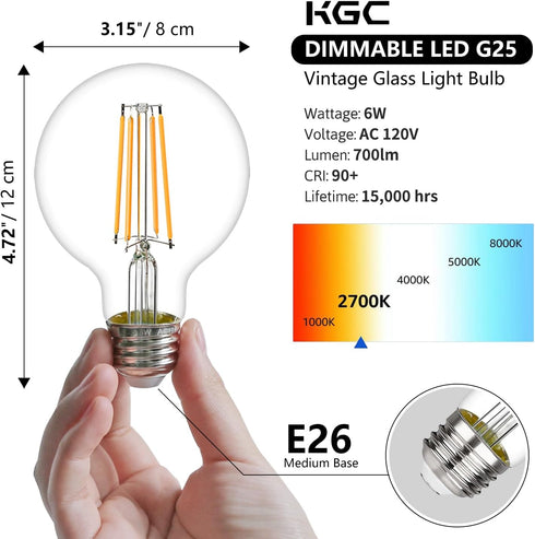 KGC LED Edison Globe Light Bulbs, Neutral White 4000K CRI 90, LED Filament Light Bulb, 6W Equivalent to 60W 700LM, G25(G80) Dimmable, Clear Glass ...