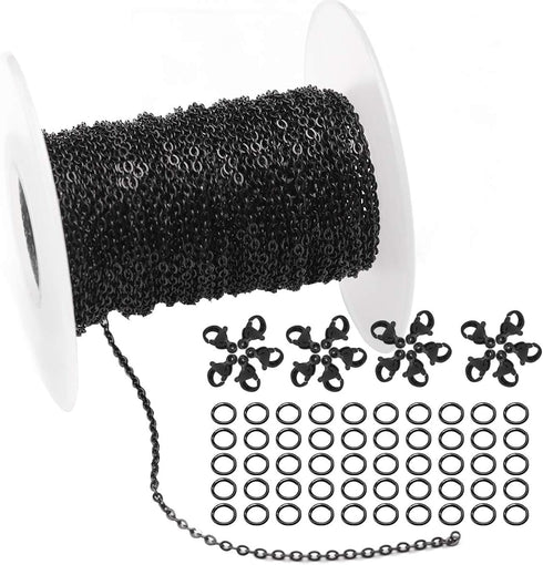33 Feet Black Stainless Steel Flat Cable Chains Link Spool Bulk with 20 Lobster Clasps and 50 Jump Rings for Pendant Necklace Jewelry DIY Making...