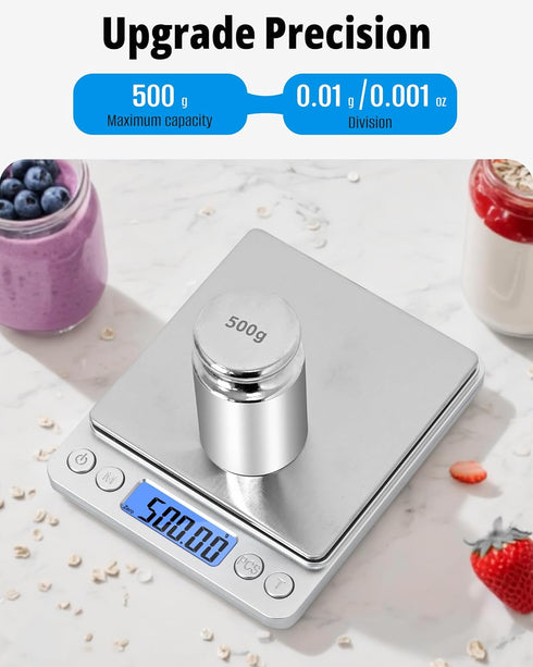 NEXT-SHINE Gram Scale, Digital Pocket Scale Portable Mini Size 500g x 0.01g with Back-Lit LCD Display Stainless Steel Platform Grams Ounces for Co...