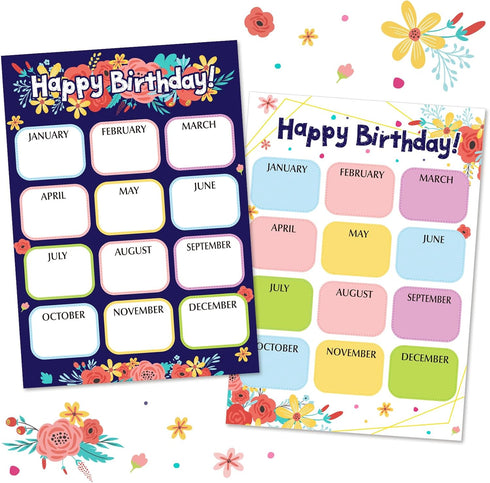 Spakon 2 Pack Floral Birthday Poster Chart for Classroom 12.4 x 17.5 Inch Happy Birthday Decoration Birthday Calendar Poster Chart Classroom Decor...