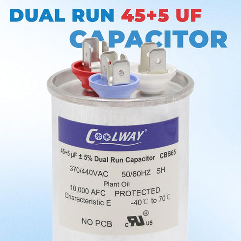 COOLWAY 45/5 uF 45+5 MFD 370V or 440V Dual Run Start ac Capacitor for ac 45 5 CBB65r CBB65b Capacitor 370 440 Volt vac Air Conditioner Capacitor f...