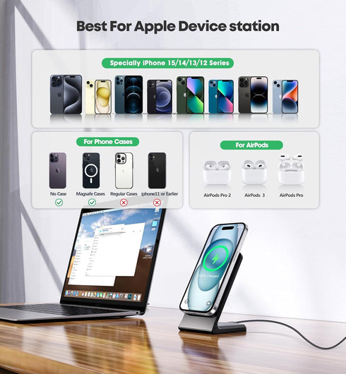 Magnetic Wireless Charger 15W Fast Mag-Safe Charger Stand for iPhone 15/14/13/12 Series Magnet Wireless Charging Station with Sleep-Friendly Adapt...