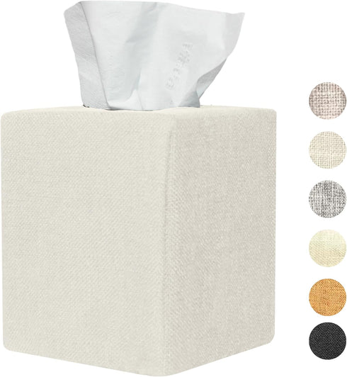 Tissue Box Cover, Cute Beige Linen Fabric Decorative Square Tissue Box Holder/Organizer for Bathroom Vanity Countertop/Office/Nightstand/Desk...