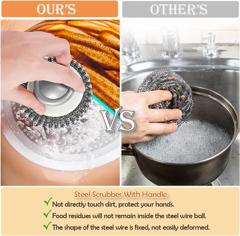 2Pcs Stainless Steel Scrubber with Handle, Steel Wool Scrubber Tool for Cleaning Dishes, Scrubbing Scouring Brush Pad for Kitchen Pots, Pans, Sink...