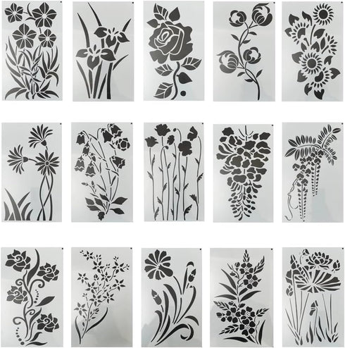 15 pcs Flower Stencils, BOSOIRSOU Plant Rose Stencil Templates Botanical Leaves Drawing Templates for Craft Scrapbooking Painting on Wall Wood...