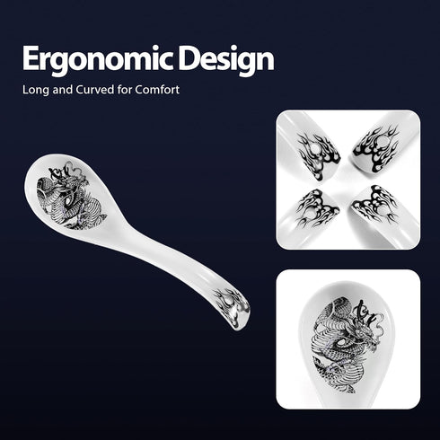 Dragon Ceramic Spoon Soup Spoons Asian Soup Spoon Chinese Korean Japanese Ramen Pho Miso Spoons Set of 4 with Hole 6.2 Inch...