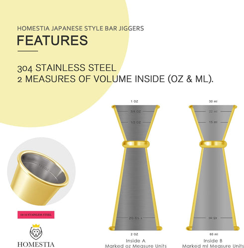 Homestia 10" Stainless Steel Muddler for Cocktails Drink Muddler, 12" Cocktail Spoon, 1 oz 2 oz Double Jigger, Basic 3 PCS Gold Cocktail Set Mixin...
