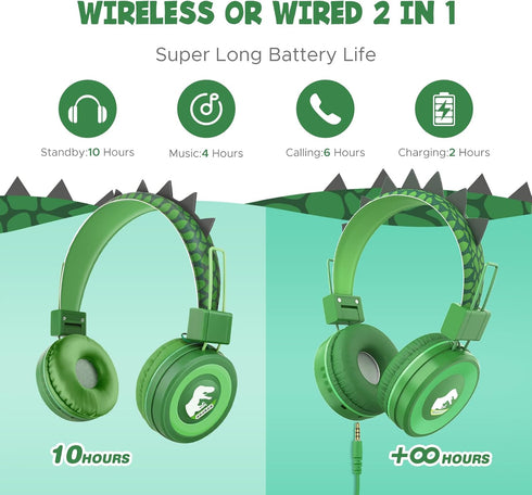 QearFun Dino Headphones for Boys Kids for School,Kids Bluetooth Headphones with Microphone & 3.5mm Jack,Teens Toddlers Wireless Headphones with Ad...