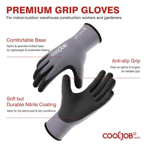 COOLJOB 6 Pairs Nitrile Rubber Coated Nylon Safety Work Gloves Pack Bulk, Dotted for Non-Slip Grip, Breathable Soft Seamless Knit Nitrile Dipped G...