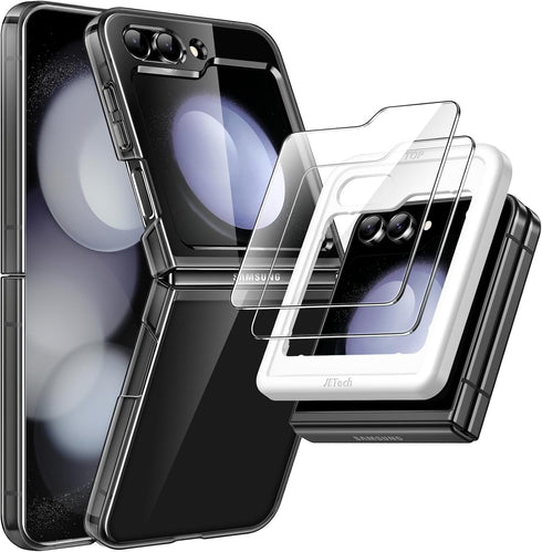 JETech 3 in 1 Case for Samsung Galaxy Z Flip 5 with 2-Pack Tempered Glass Front Screen Protector, Crystal Transparent Hard PC Shell Protective Pho...