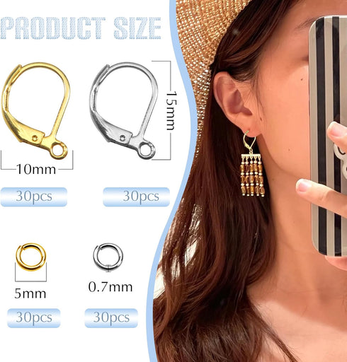 TOAOB 120pcs 18K Gold Plated Leverback Earwires French Earring Hooks Gold and Silver Stainless Steel Colors 10x15mm Interchangeable Dangle Ear Wir...
