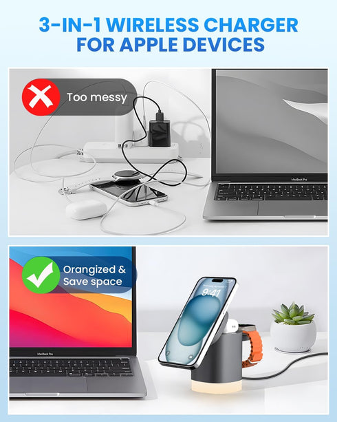 JoyGeek 3-in-1 Charger Stand for Magsafe: Foldable Wireless Charging Station with Night Lights - Magnetic Charger Dock for iPhone 15/14/13/12 Pro/...