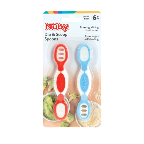 Nuby Dip & Scoop Spoons - (2-Pack) Baby Led Weaning Spoons for Babies - 6+ Months - Red and Blue...